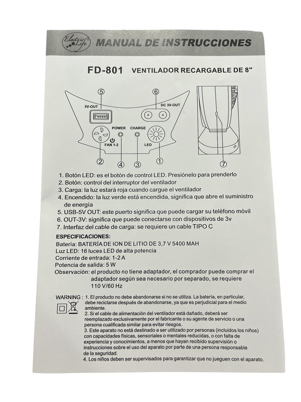 VENTILADOR DE 8" ELECTRIC LIFE RECARGABLE
