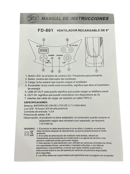 VENTILADOR DE 8" ELECTRIC LIFE RECARGABLE